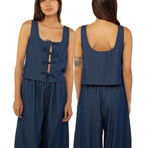 (NWOT) NLT Cotton Denim Front-Tie Sleeveless Crop Top (Dark Denim Wash)